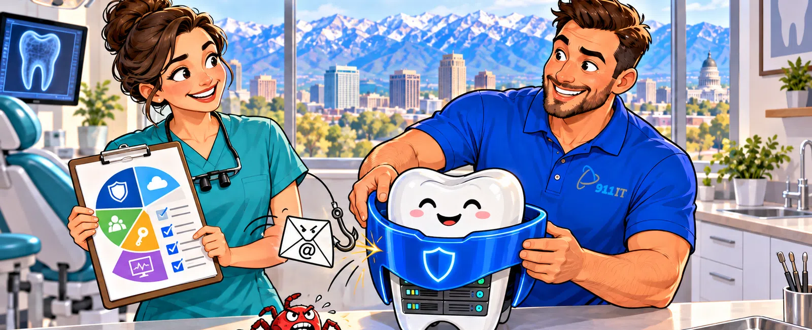 Dentist and IT technician fitting a protective shield on a smiling tooth with a city and mountains in the background.