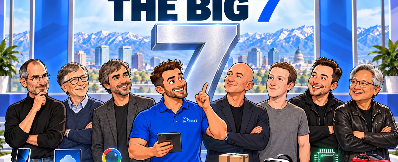 Cartoon of seven iconic tech leaders with their products under THE BIG 7 text and a cityscape background.