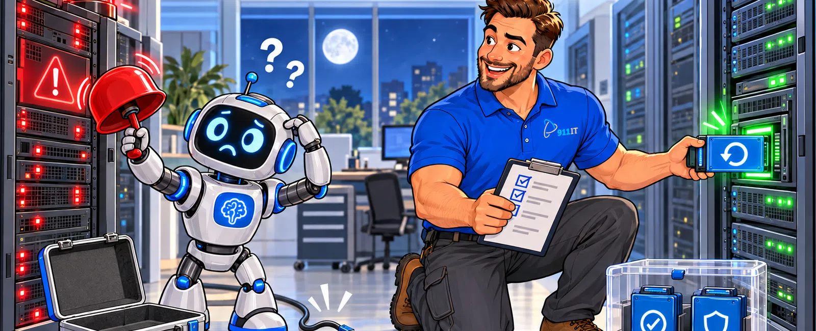 Technician restores data on server while confused robot points at alert alarms in a modern data center at night.