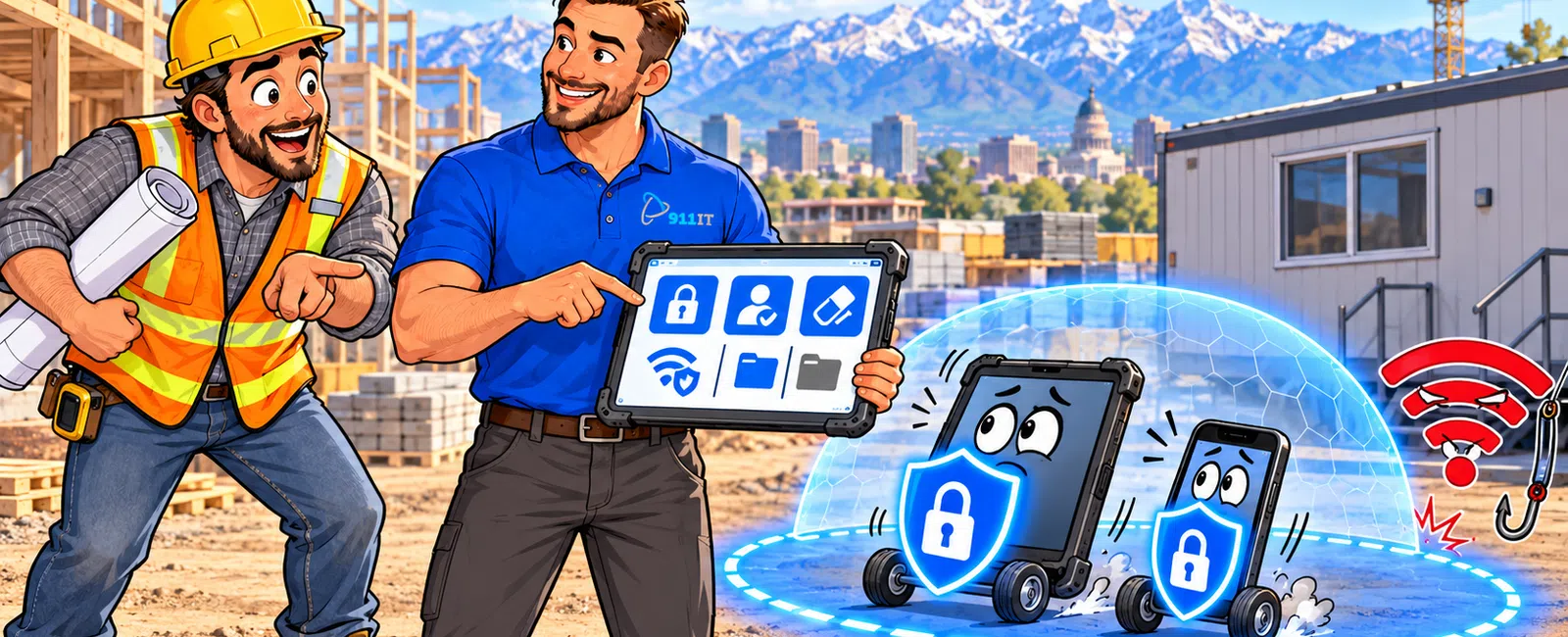 Two men at a construction site securing devices with digital locks against hacking and interference