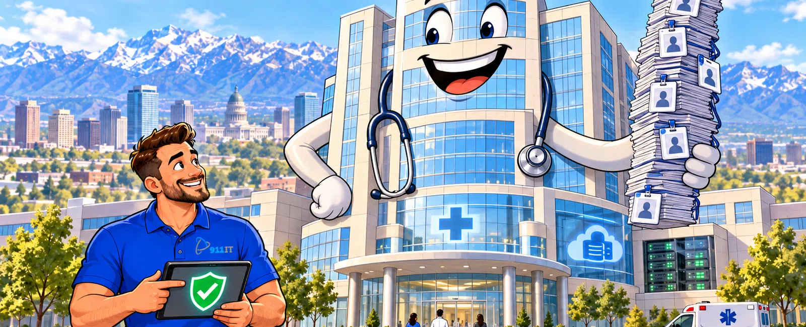 Cartoon hospital building with stethoscope and smiling face holding employee files, man in blue shirt with tablet outside