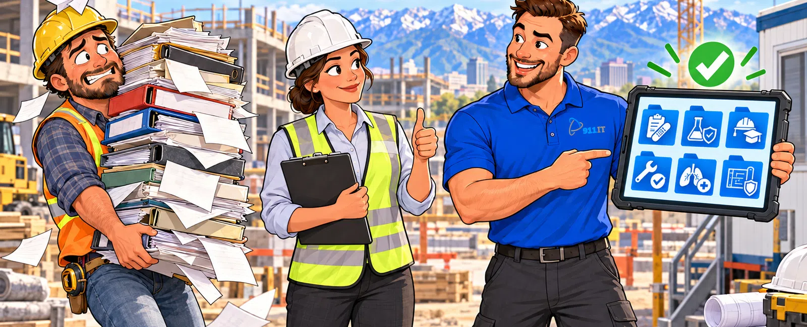 Construction workers comparing paper records with digital tablet records on a busy building site with mountains in the background.
