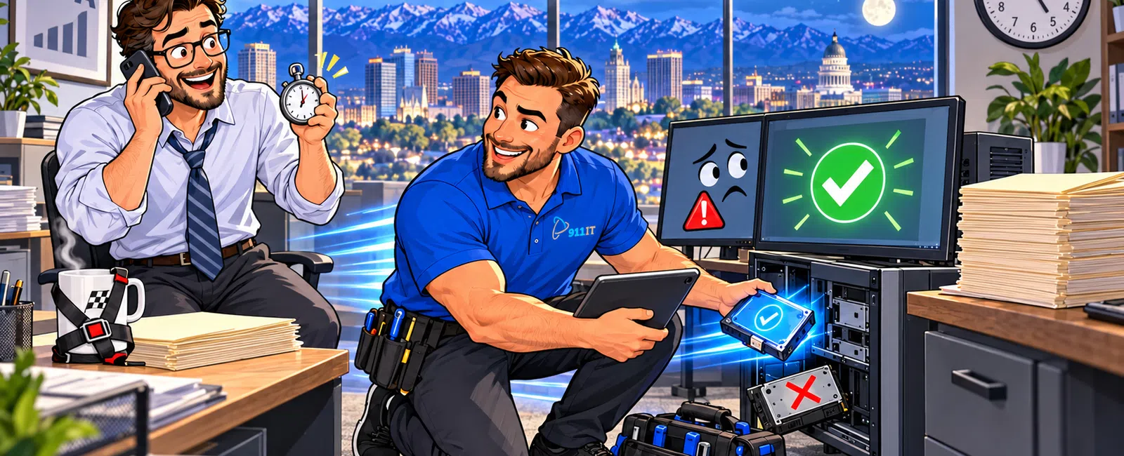 IT technician quickly fixes computer issue for busy CPA in office with mountain city skyline at night visible through window.