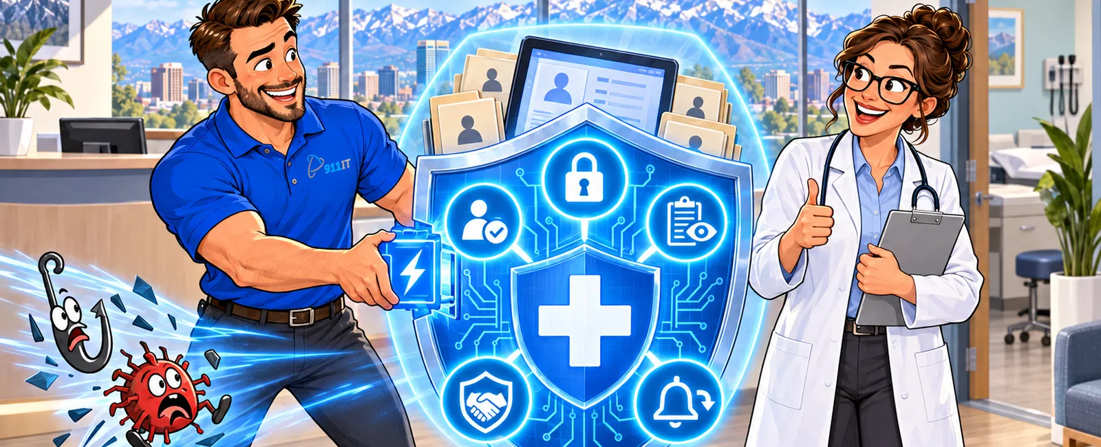 IT professional and doctor with glowing digital shield representing enhanced HIPAA security in medical office.