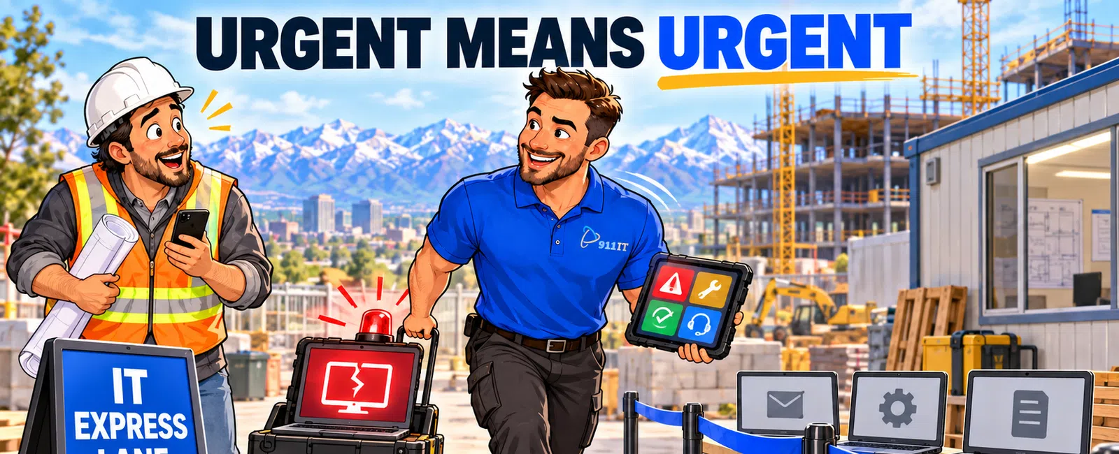 Construction worker and IT technician at a site emphasize urgency with IT express lane and alert devices outdoors.