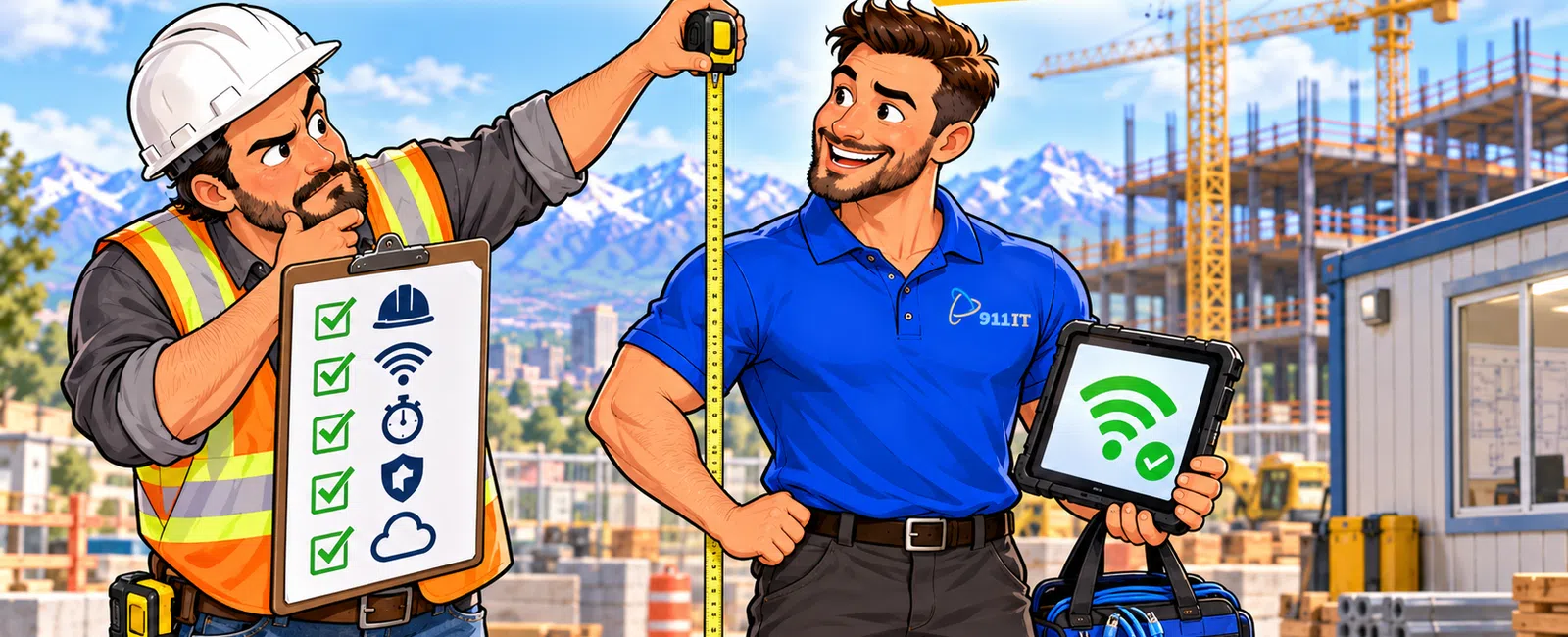 Construction worker measuring height as IT technician holds tablet with WiFi signal on busy building site.