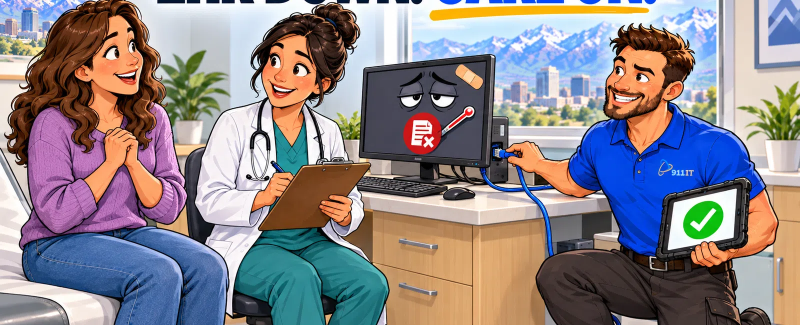IT technician restores electronic health record system as doctor and patient smile in a bright medical office.