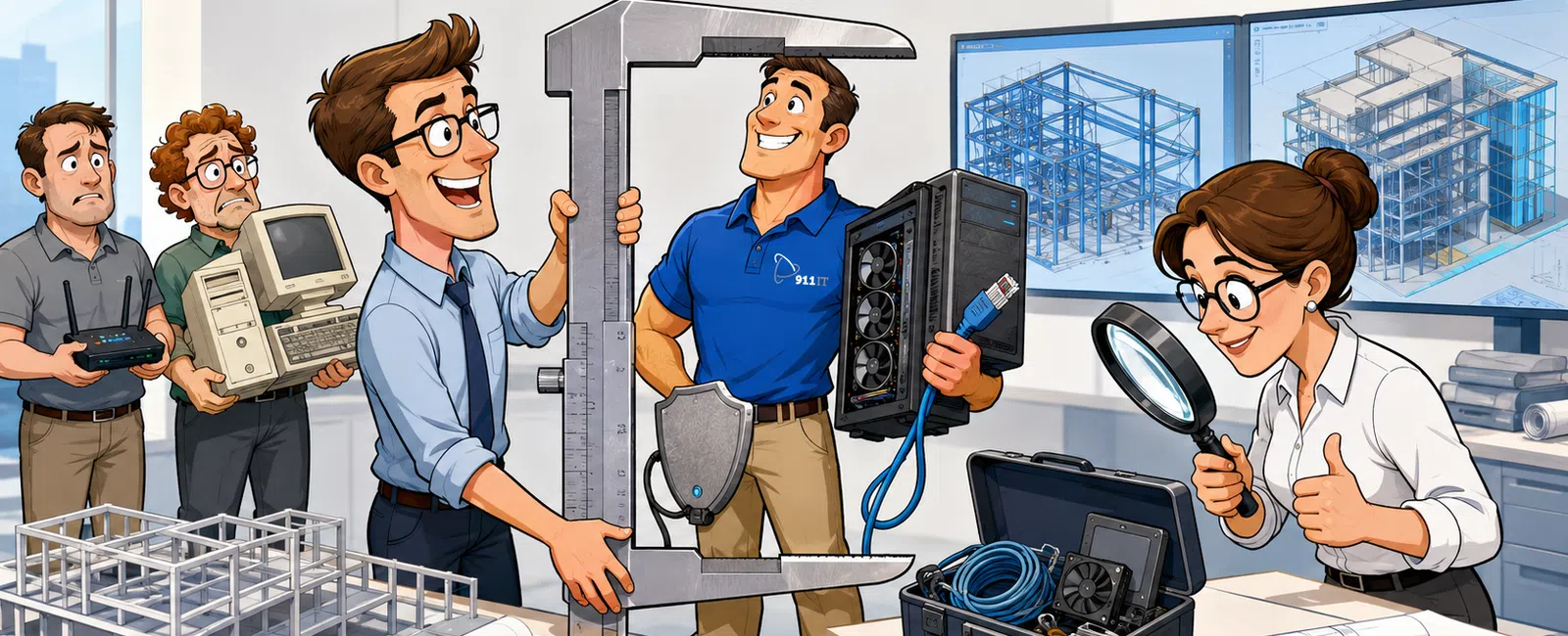 Illustration of people inspecting engineering specs with tools and blueprints in a bright office setting.