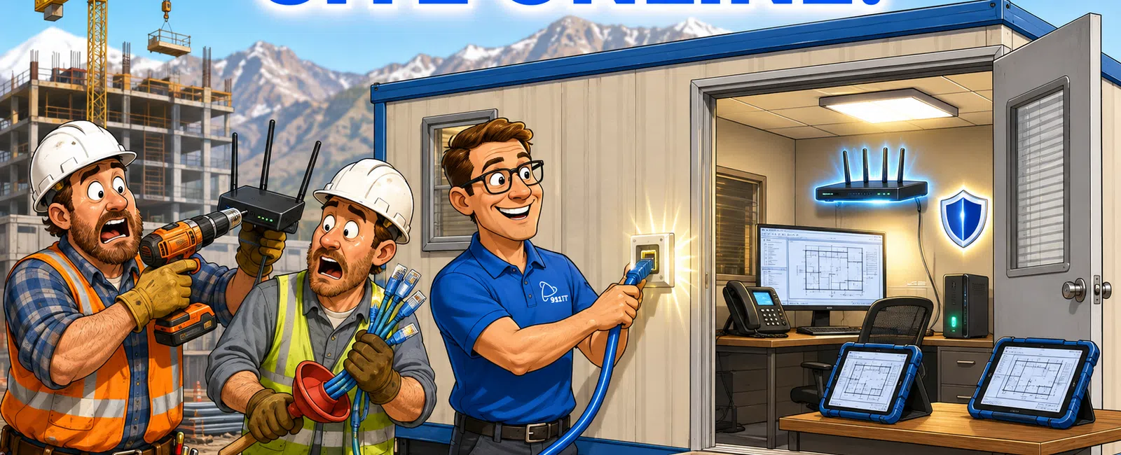 Construction workers connect a router to set up online site office with computers and tablets in a portable cabin.