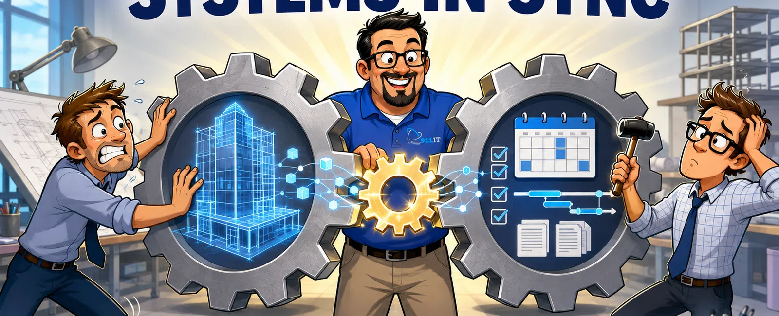 Cartoon engineers syncing building design and project schedule gears with a central golden cog labeled 911 IT.