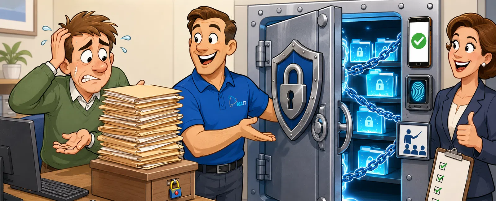 Person worried about tax data security shown with a secure, high-tech vault and supportive professionals explaining protection measures.