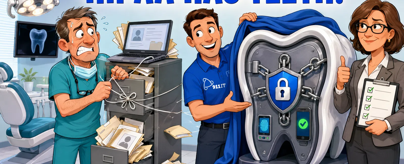 Cartoon showing stressed dentist with unsecured files and two professionals unveiling a secure tooth-shaped safe with HIPAA warning.