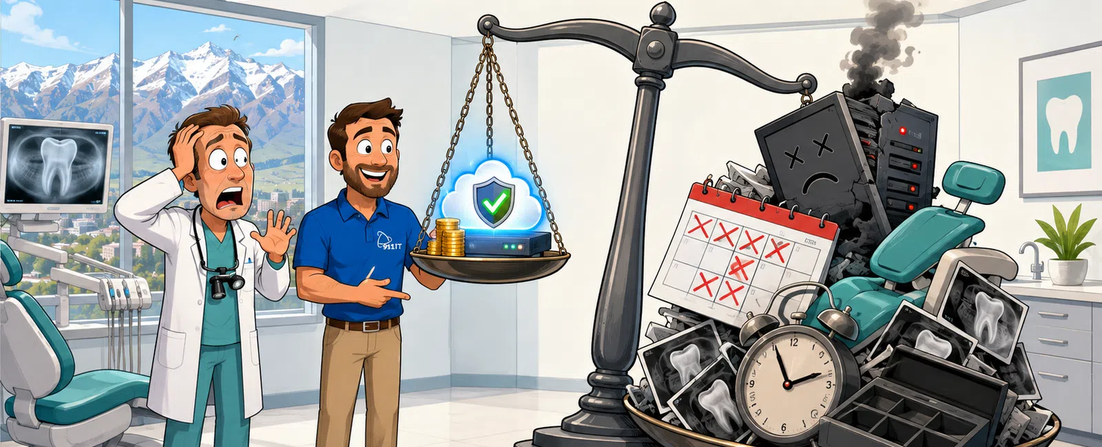 Cartoon doctor shocked as man shows weighing scale with backup server and coins lighter than broken equipment and clocks.