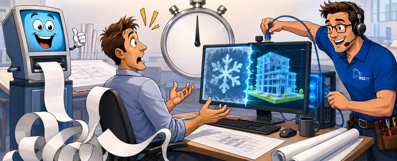 Man alarmed by long receipt paper as technician connects computer with building and snowflake image, stopwatch, and text Response Means Action.