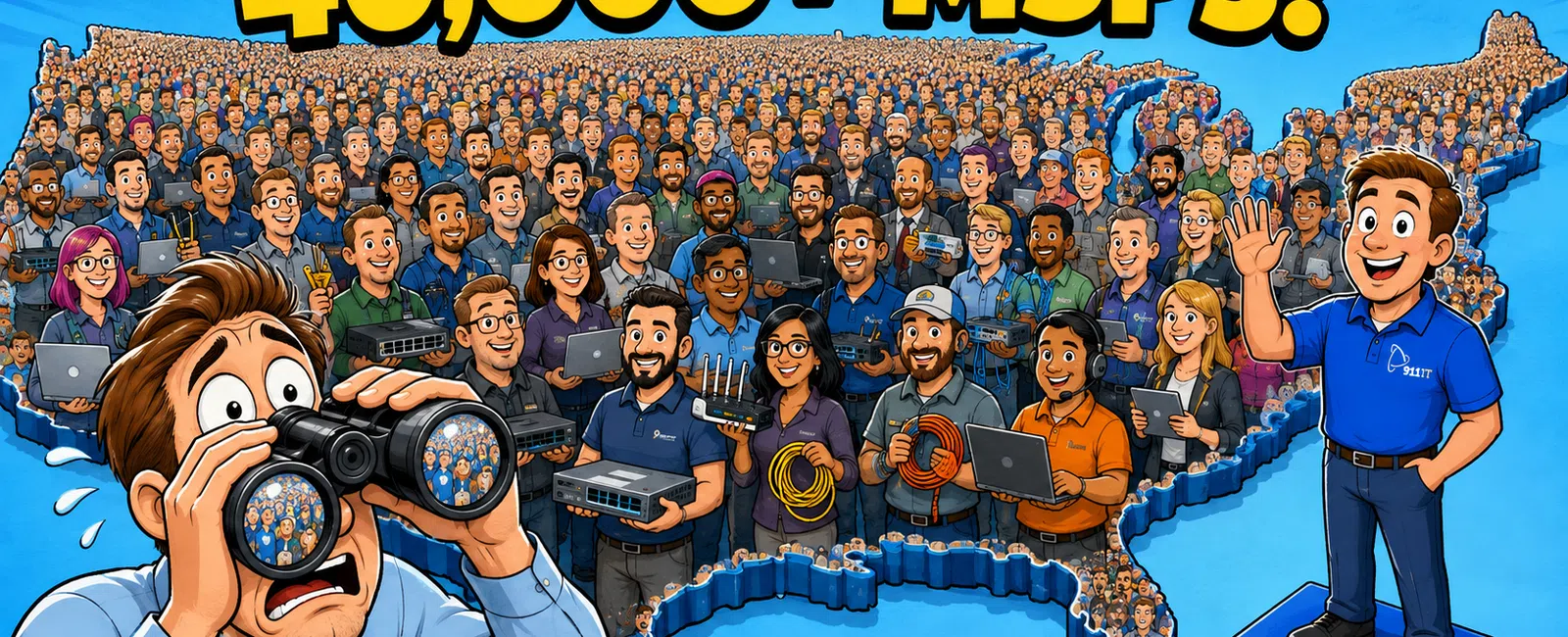 Illustration of over 40,000 MSP professionals standing inside a U.S. map with a man waving and another looking through binoculars.