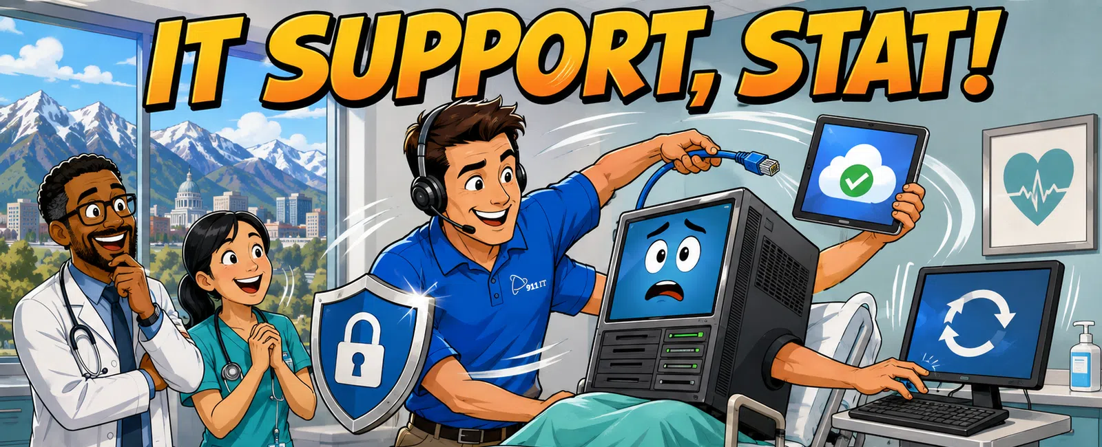 IT support technician fixing a sick computer in a hospital room with doctors watching, bold text 'IT SUPPORT, STAT!'