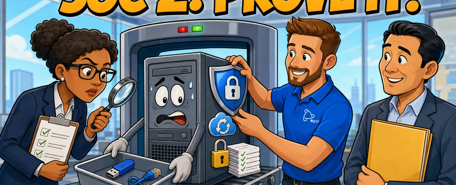 Three professionals inspect a nervous computer on a conveyor belt under the text SOC 2: PROVE IT! with security icons and checklists.