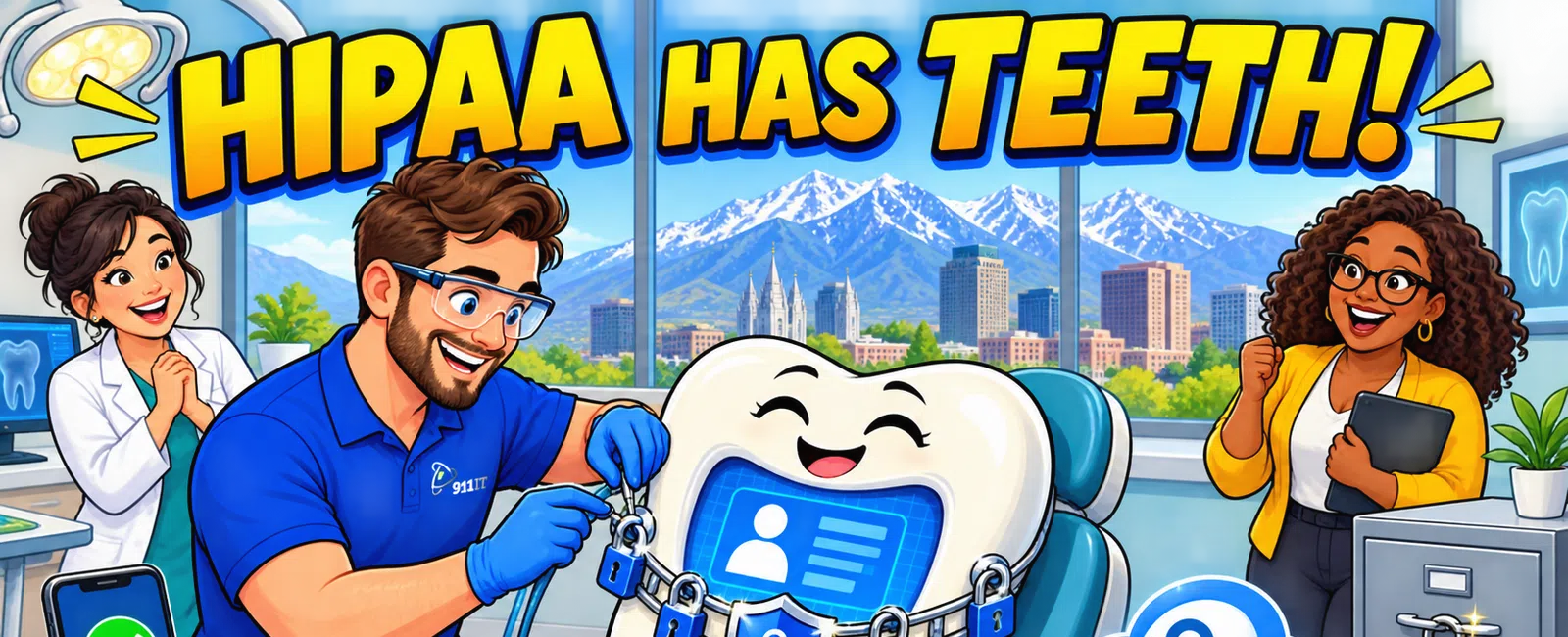 Cartoon tooth with data locks in dental chair with dentist and assistants, symbolizing HIPAA data protection.