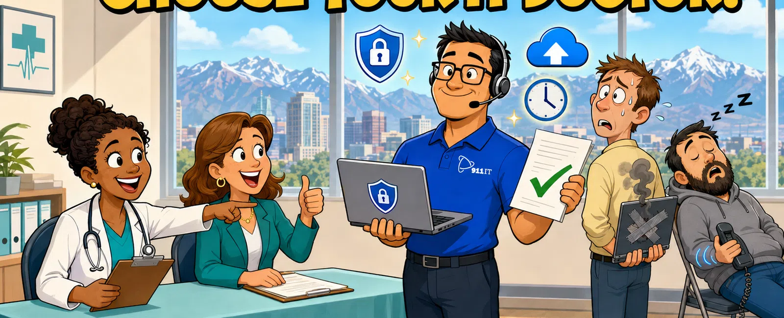 Cartoon scene showing diverse IT doctors with clients choosing a professional holding a secure laptop and checklist.