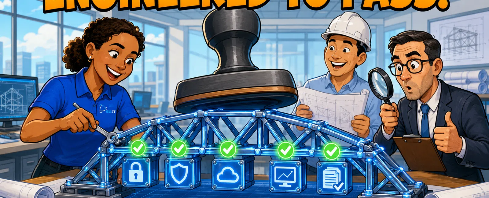 Three engineers review a detailed bridge blueprint with security icons and a stamp labeled Engineered to Pass.