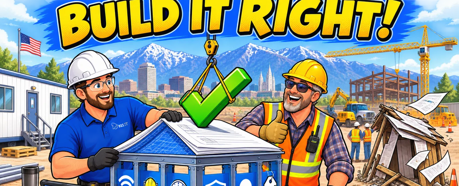 Two construction workers with safety gear review a house blueprint labeled Build It Right with construction icons and cranes.