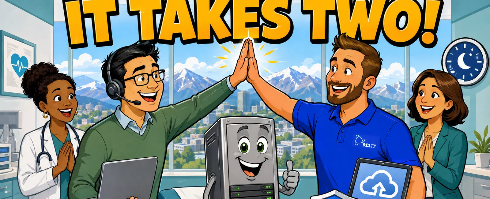 Two men high-five in an office with a smiling server between them and applauding colleagues around them.