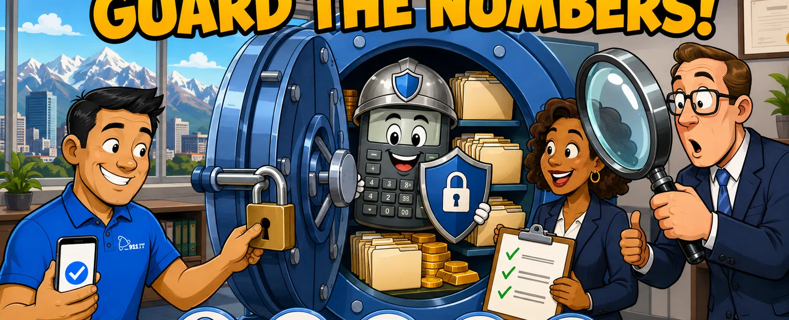 Animated scene of diverse professionals guarding digital data inside a secure vault with security icons below.