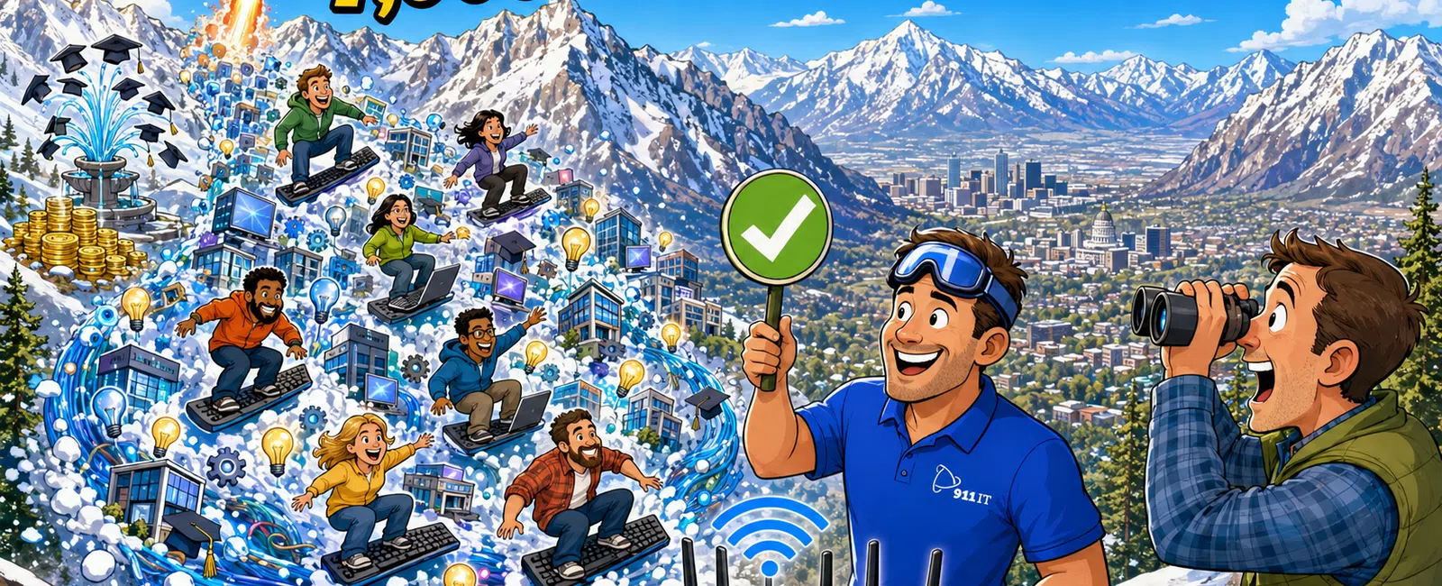 Illustration of 7,000+ tech companies with snowboarders, mountains, and two men signaling tech connectivity.
