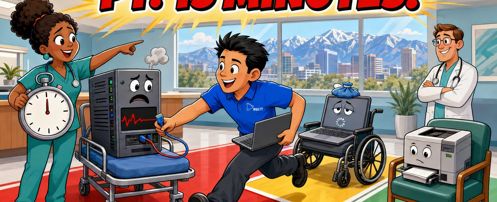 Tech team races against time to repair animated computer and laptop characters in a bright office gymnasium.