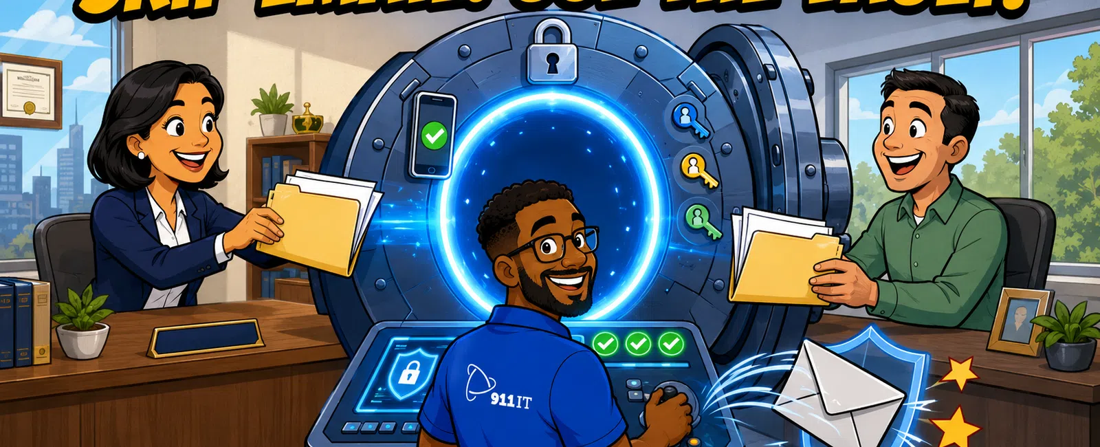 Three people using a high-tech vault to securely exchange files, emphasizing skipping email for file sharing.