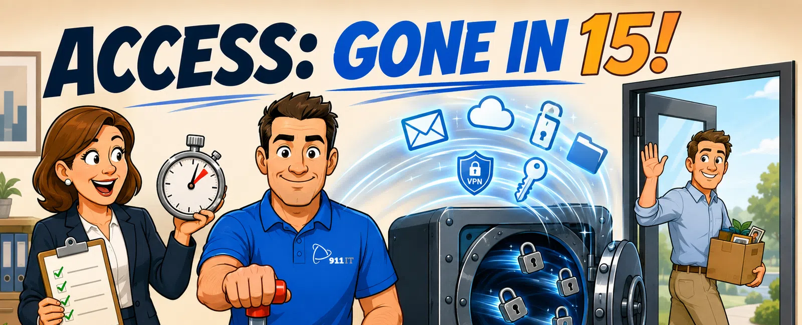 IT professional securing data with a lockbox, woman checking a timer, man leaving office with a box, Access Gone in 15 text.