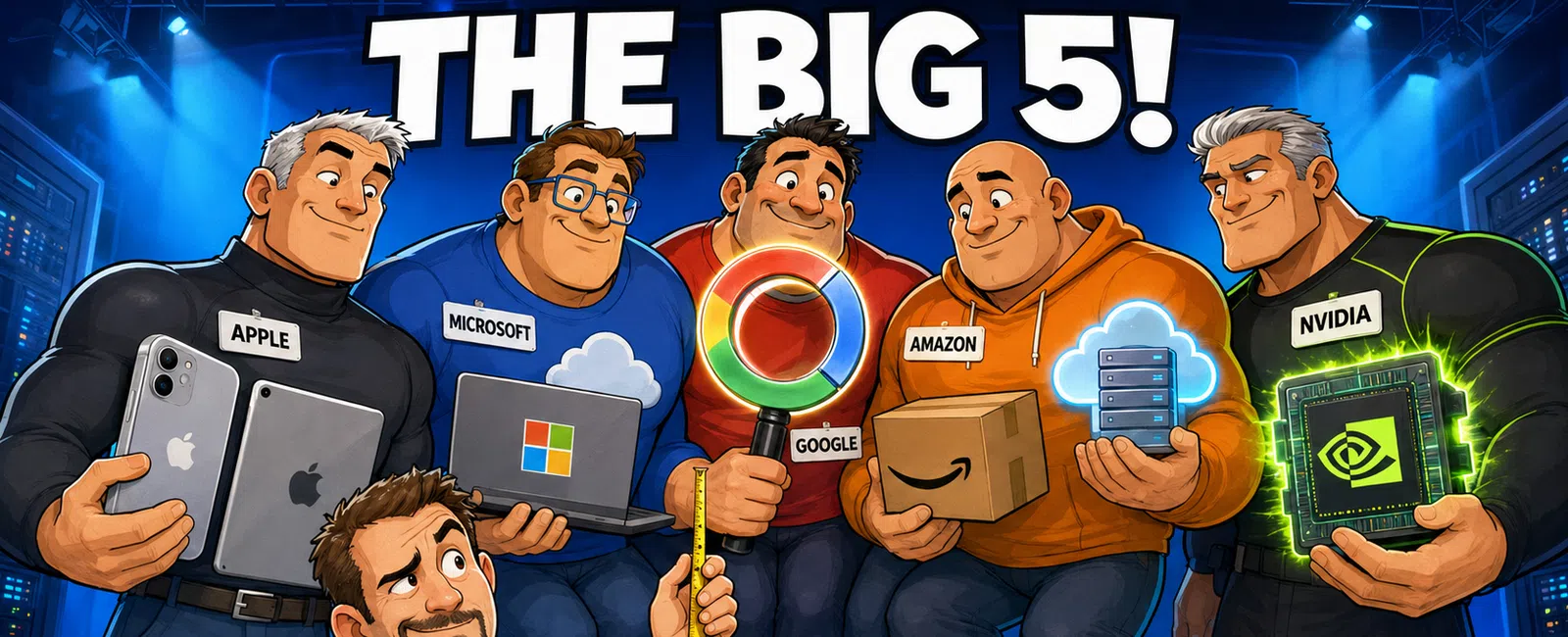 Cartoon depiction of tech giants Apple, Microsoft, Google, Amazon, and Nvidia labeled as The Big 5 with respective logos and devices.