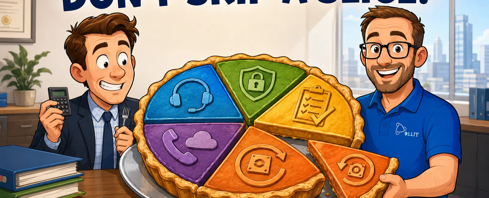 Two men with a pie chart styled as a pie with IT service icons urging not to skip a slice