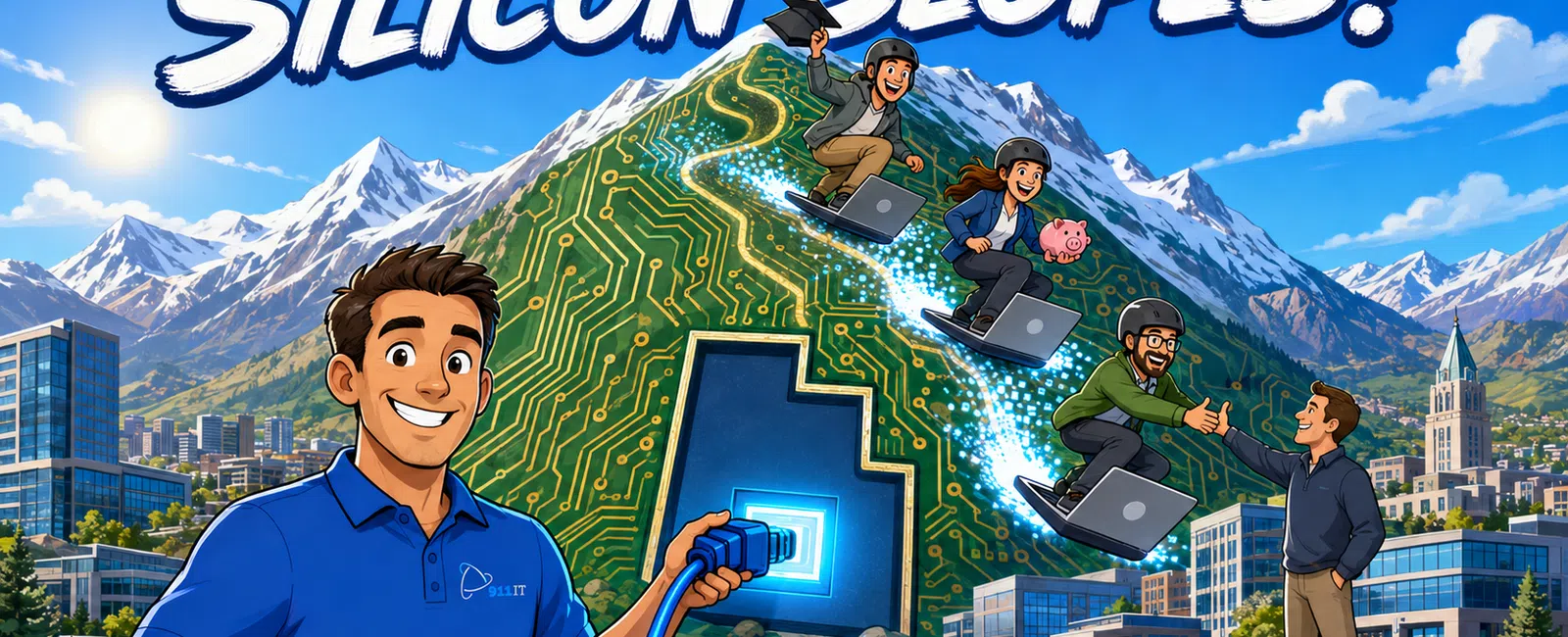 Smiling man plugging a cable into a mountain circuit board with tech figures snowboarding down Silicon Slopes landscape.