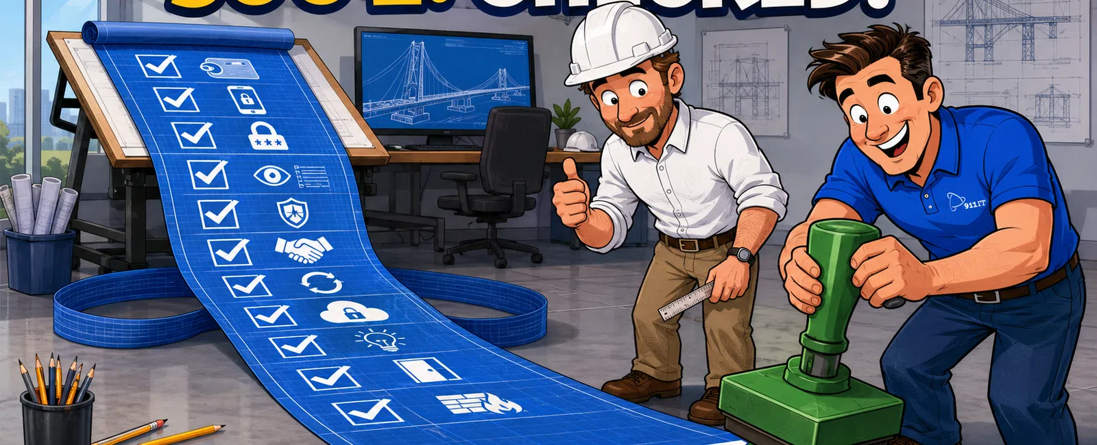 Two men in an office check off a long blueprint with security icons under the text SOC 2: CHECKED.