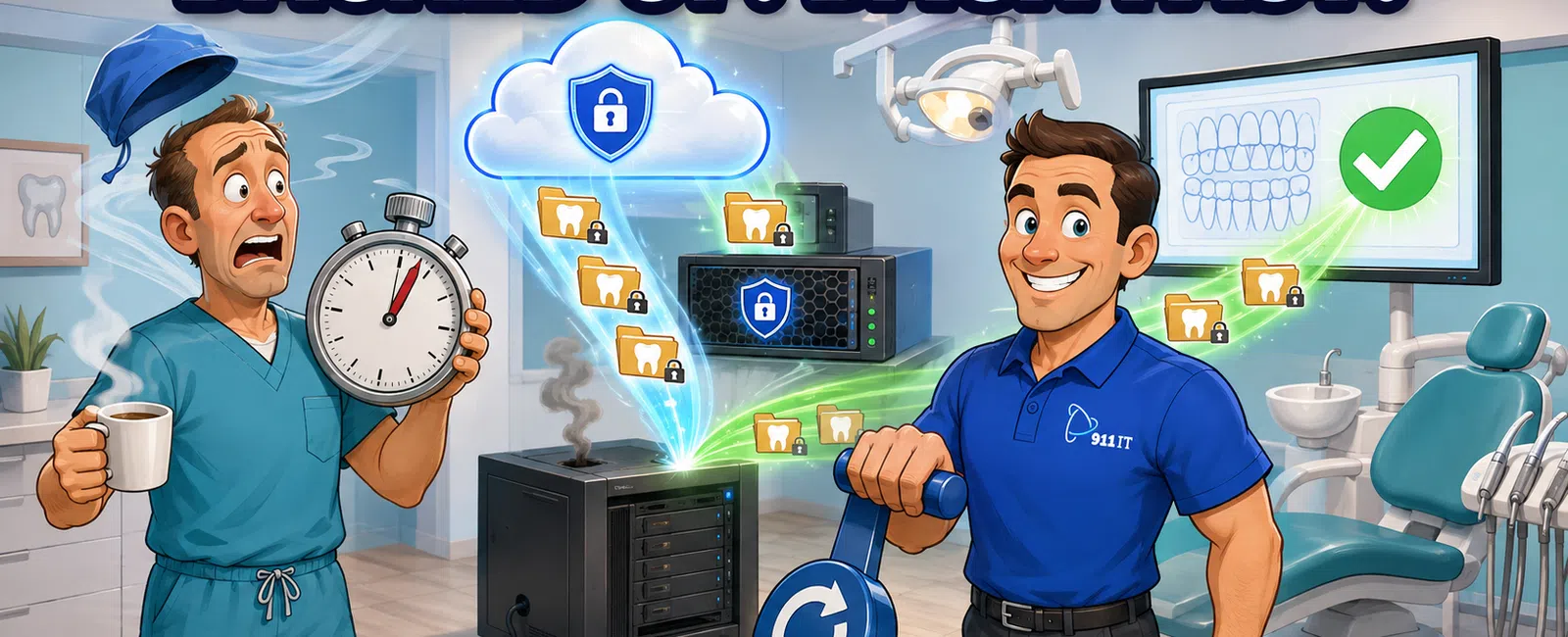 Dental clinic data backup visual showing slow and fast backup processes with secure cloud storage icons.