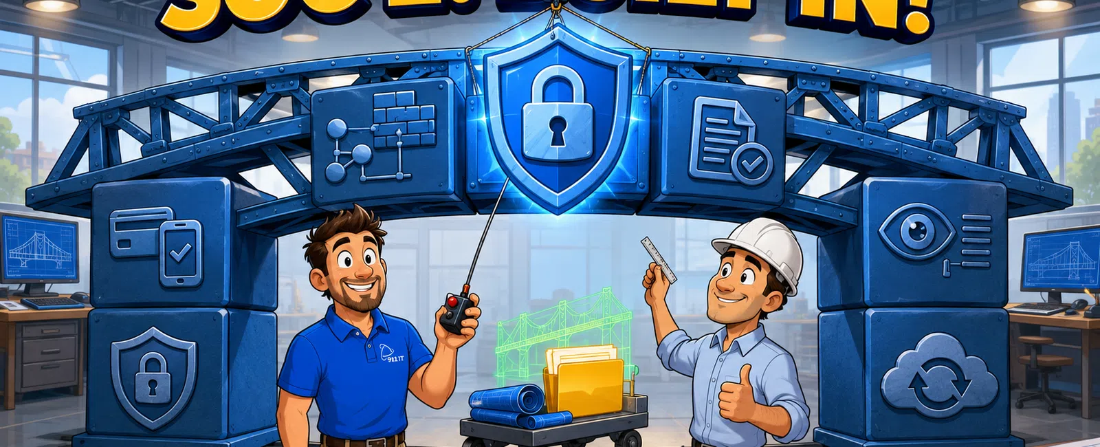 Two engineers in a tech workshop with SOC 2 built-in security shield and icons symbolizing data protection.