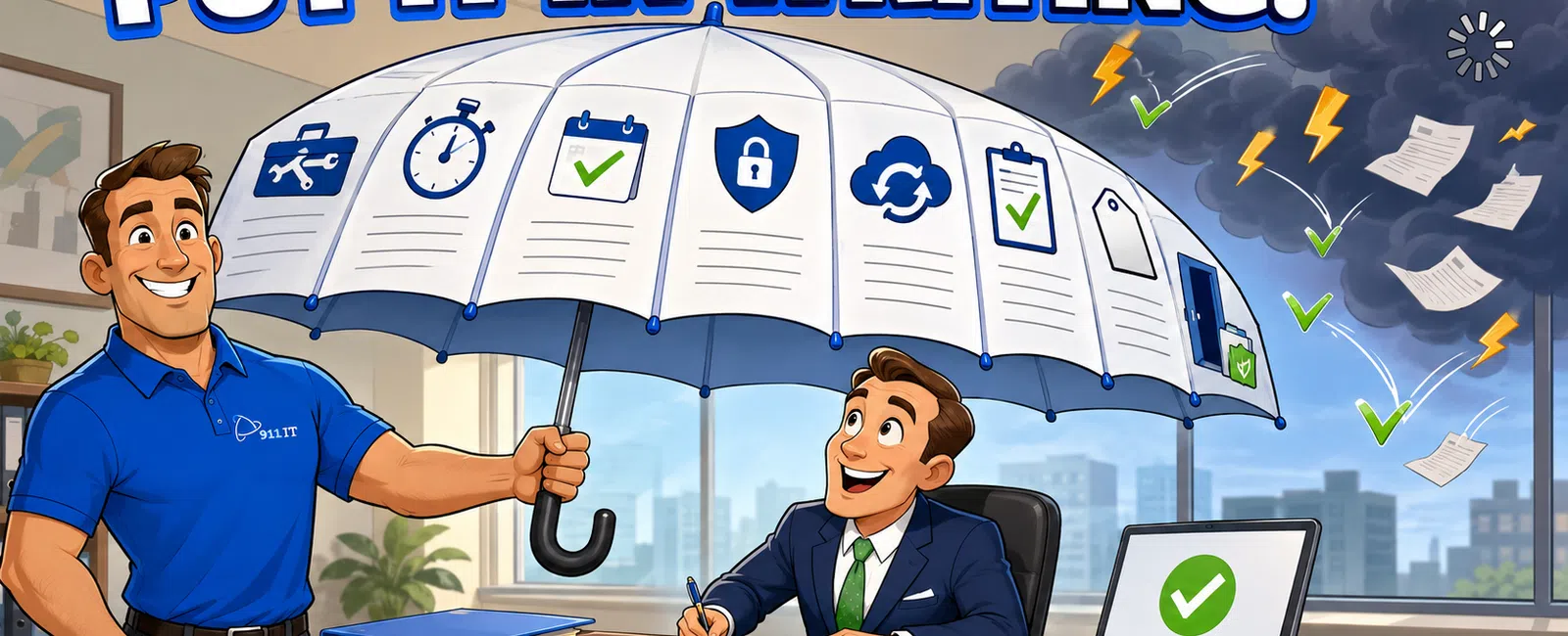 Businessman signing documents under an umbrella of protection icons, with a smiling IT professional providing coverage.