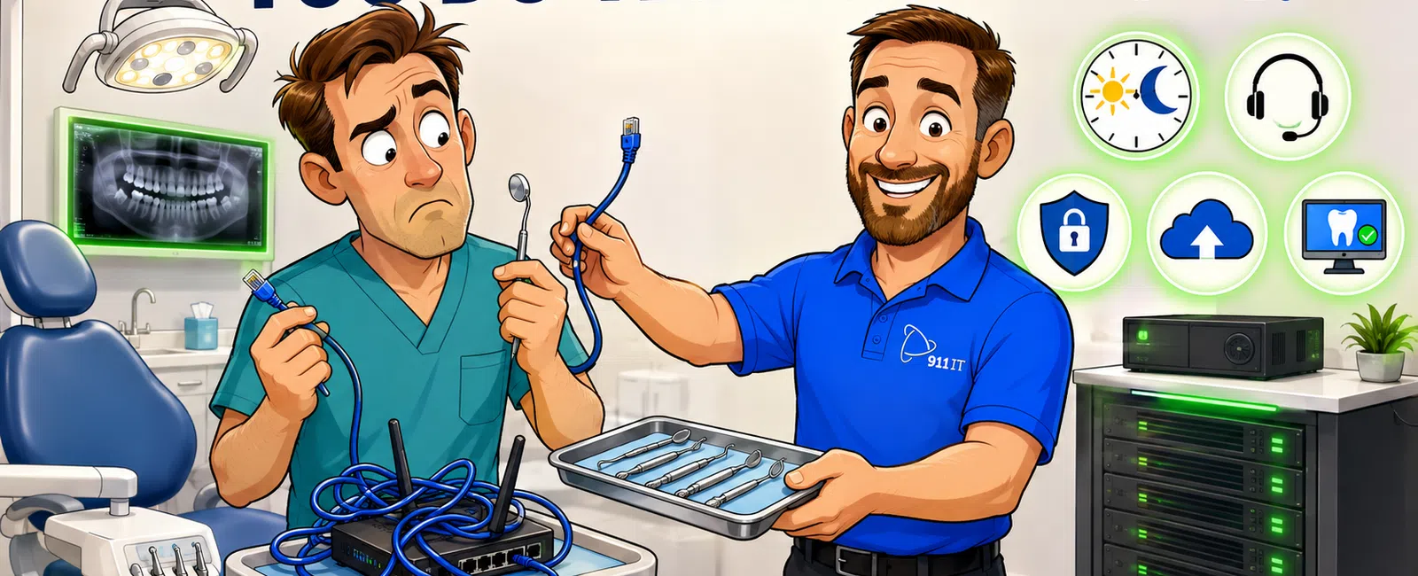 Dentist confused by tangled ethernet cables while IT technician offers organized dental tools in clinic setting.