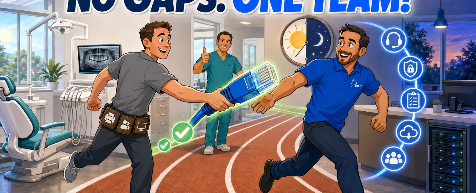 Two men passing a giant cable on a running track inside an office with the text No Gaps One Team above.