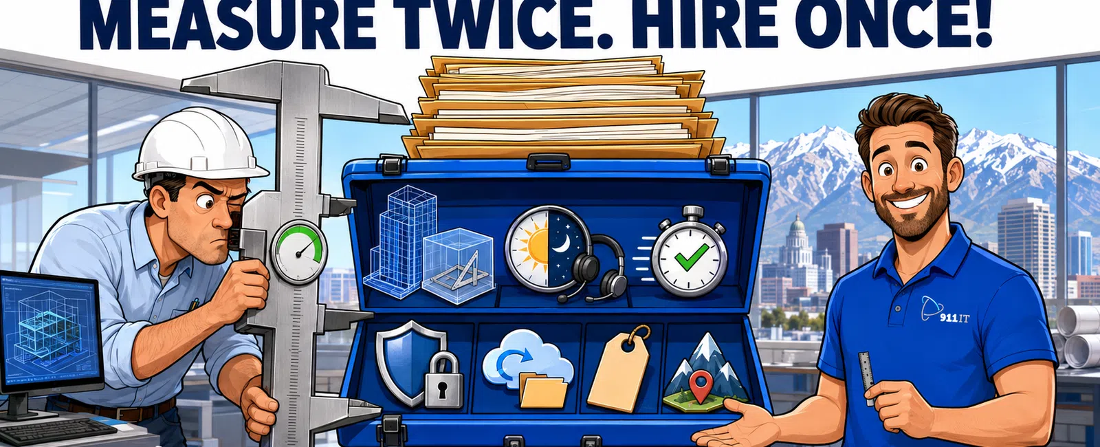 Engineer using a caliper to measure with a man in blue shirt next to a toolbox full of icons and cityscape view.