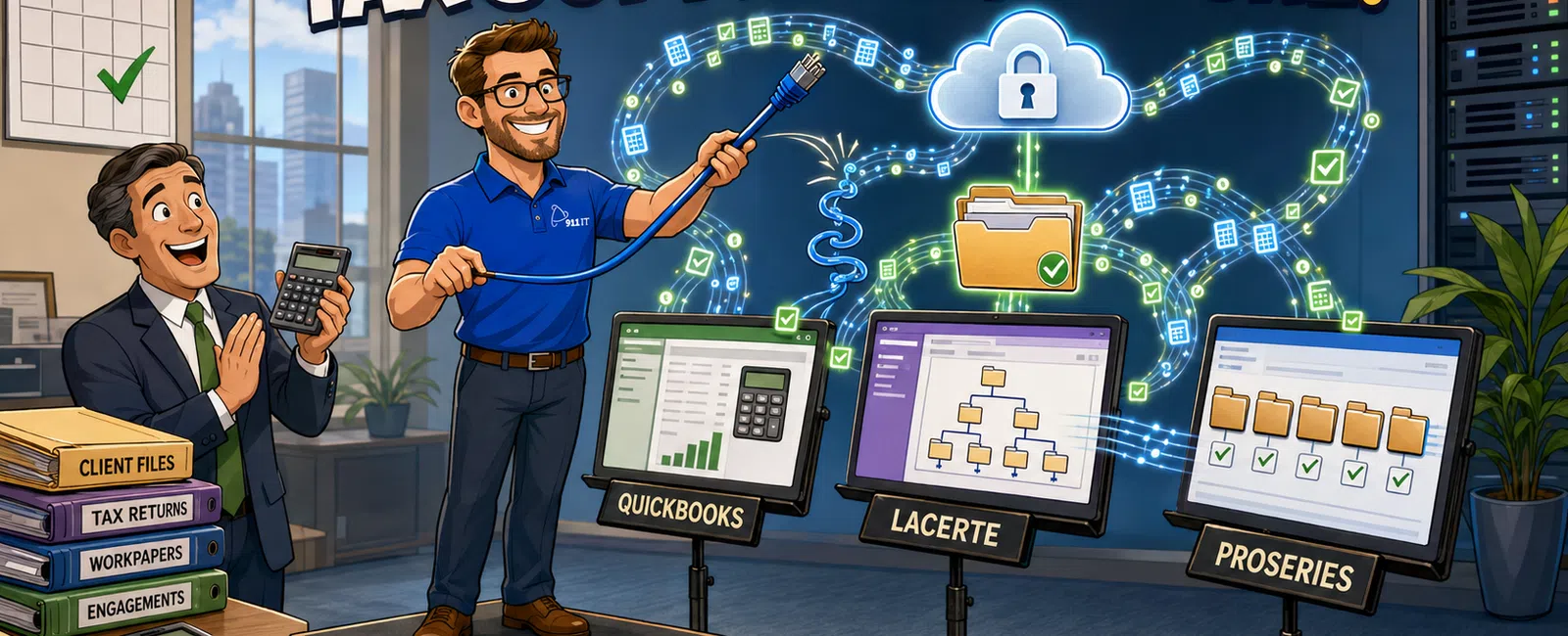 Cartoon shows tax software QuickBooks, Lacerte, ProSeries connected securely to cloud with two men in office.