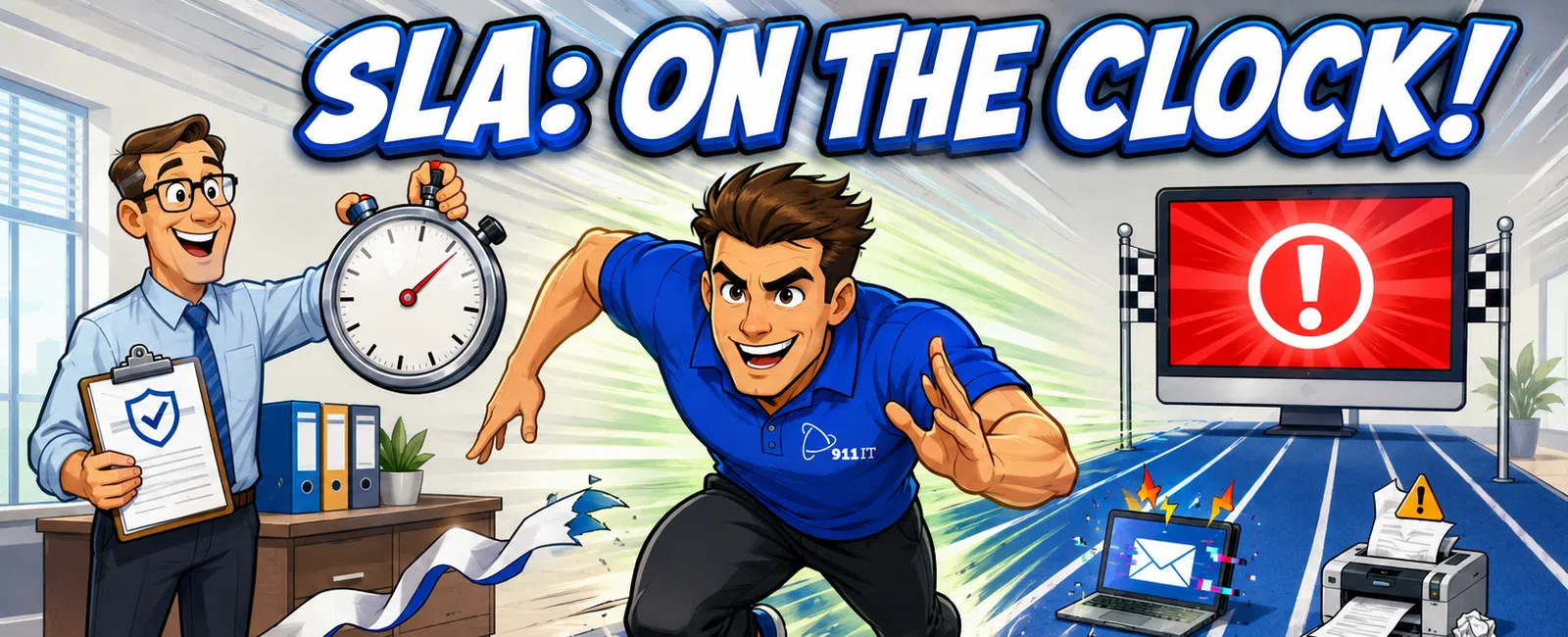 Animated man sprinting on a track with a stopwatch and a man holding clipboard, highlighting SLA urgency and alerts.