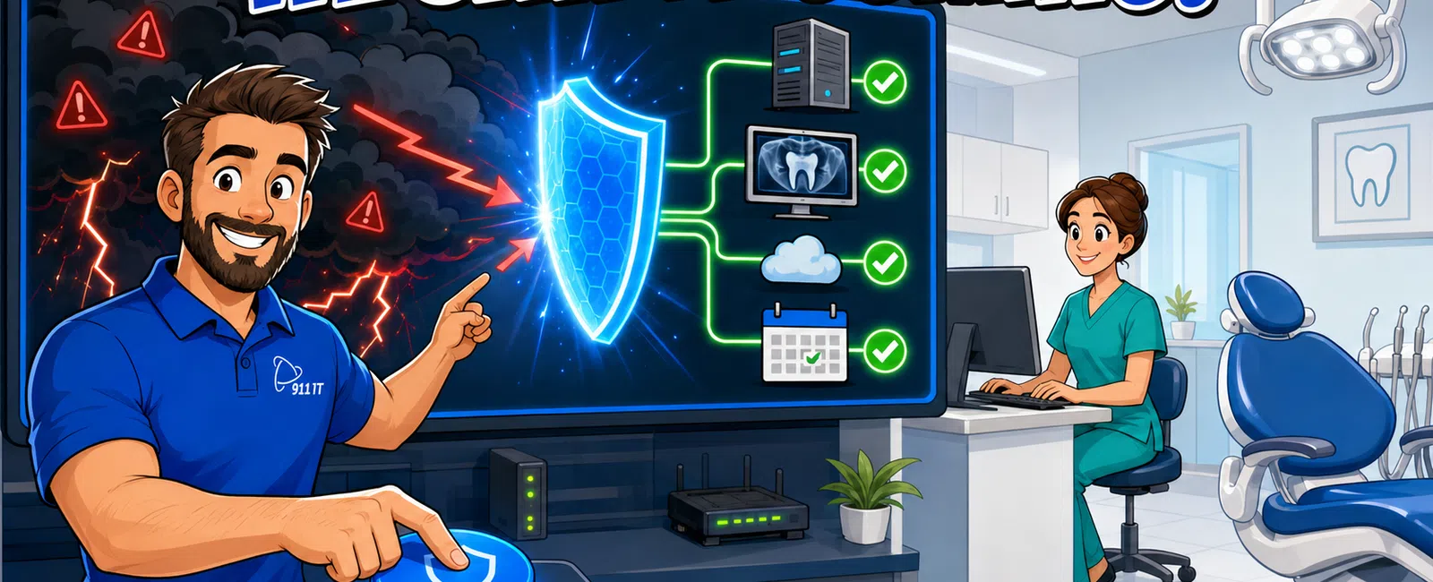Man activates cybersecurity shield on screen showing protection for data and dental clinic woman working nearby