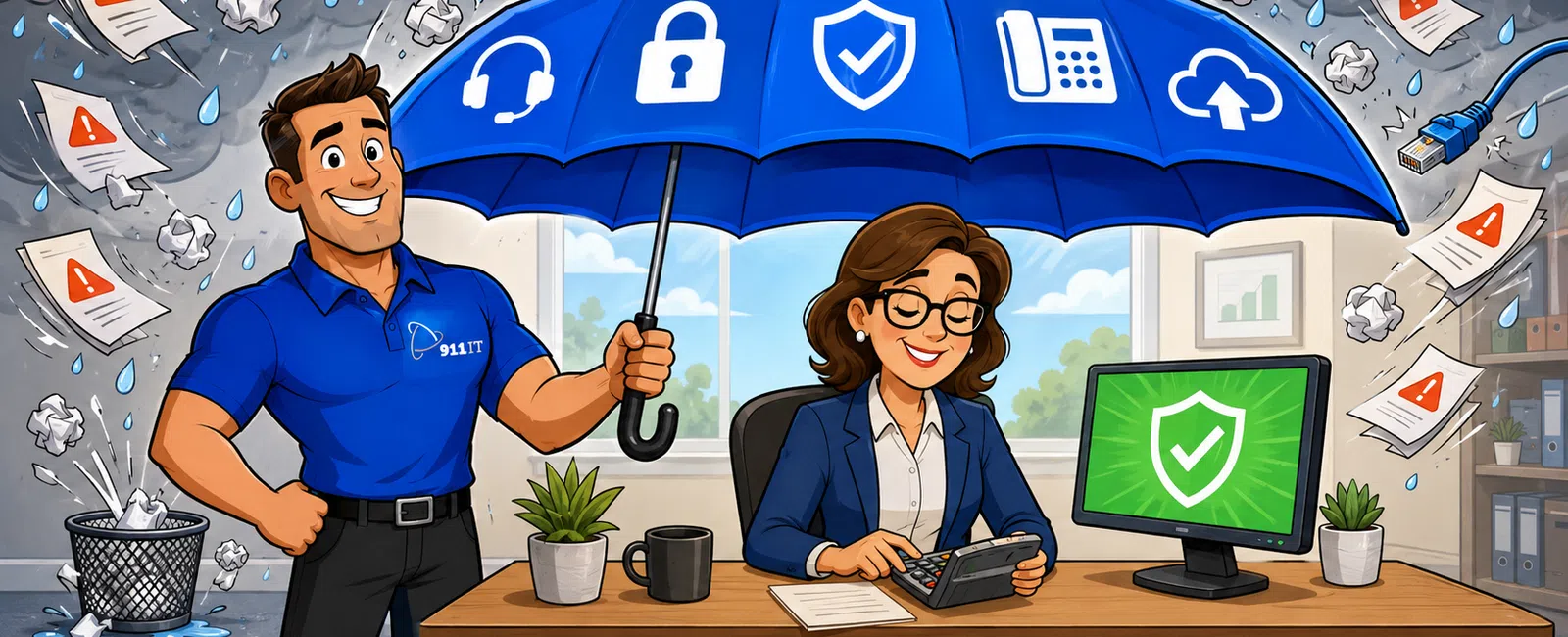 Man holding umbrella protecting businesswoman and tech icons from rain and paper chaos with text Plan It Don't Panic