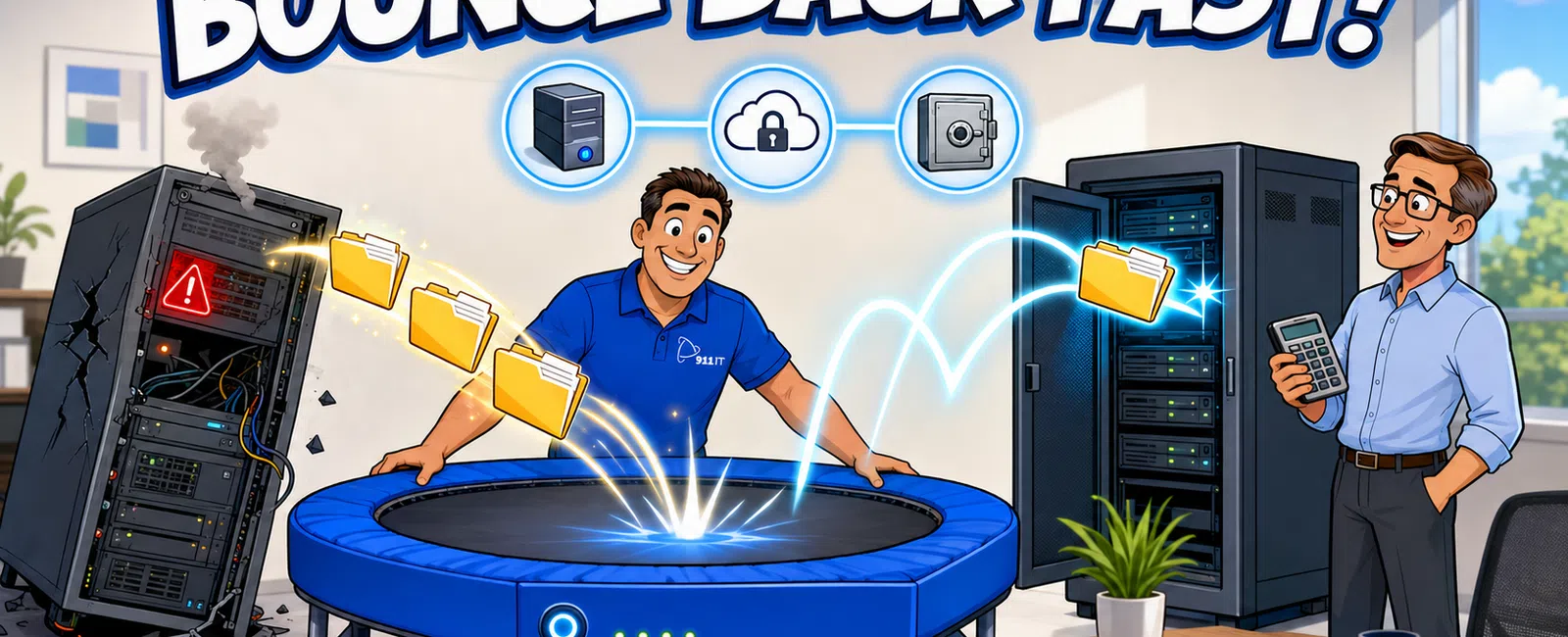 Cartoon of IT professionals using a trampoline to bounce data folders from damaged server to secure server with backup icons.