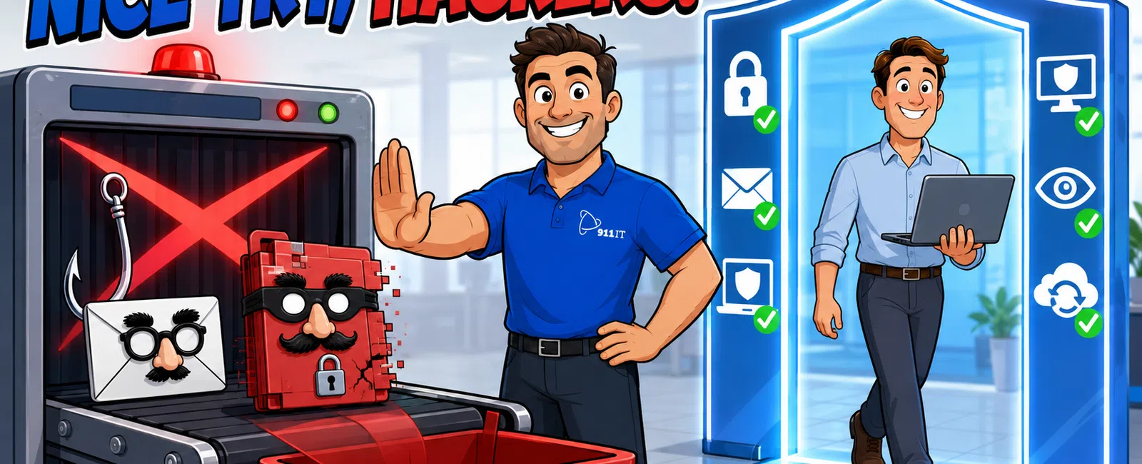 IT professional stops hackers, deletes threats, while secure businessman walks through digital shield of cybersecurity icons