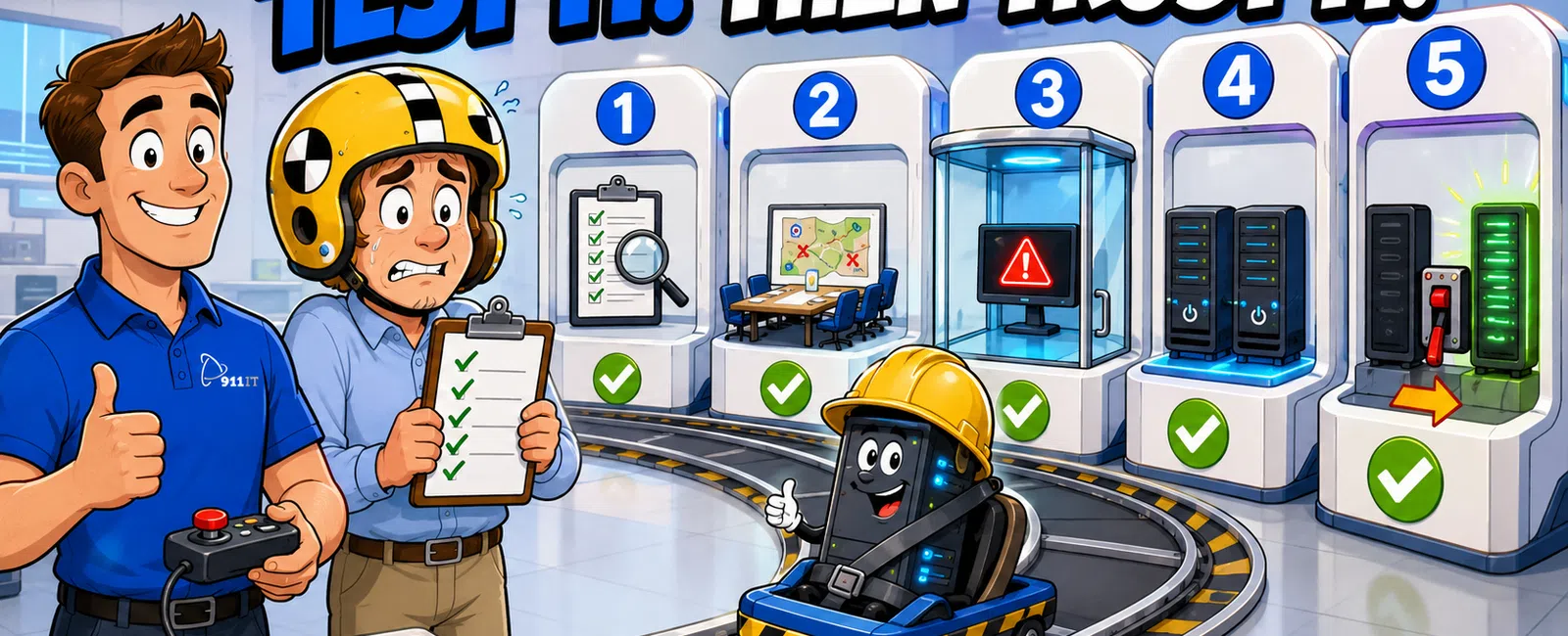 Cartoon scene depicting a testing process with checkpoints, happy characters, and a robot on a track with green checkmarks.