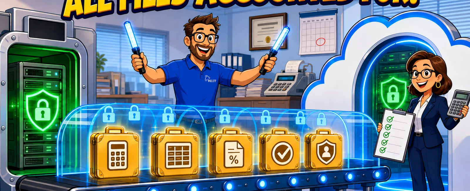 Two professionals secure files with digital locks and a secure cloud, highlighting data protection in an office.