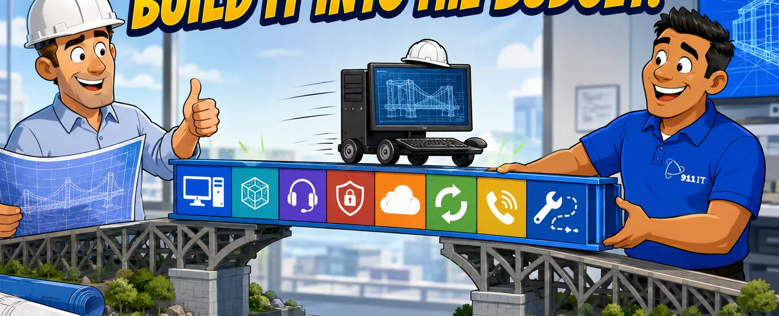 Cartoon engineers build a bridge with IT icons and a computer, promoting budget-friendly technology solutions.